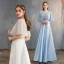 Chic / Beautiful Sky Blue Satin Bridesmaid Dresses 2019 A-Line / Princess V-Neck 1/2 Sleeves Sash Beading Floor-Length / Long Ruffle Wedding Party Dresses