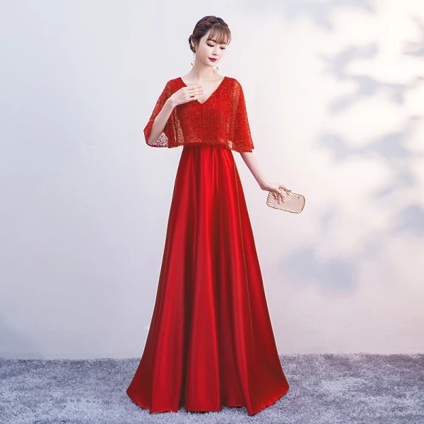 Chic / Beautiful Sky Blue Satin Bridesmaid Dresses 2019 A-Line / Princess V-Neck 1/2 Sleeves Sash Beading Floor-Length / Long Ruffle Wedding Party Dresses