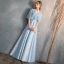 Chic / Beautiful Sky Blue Satin Bridesmaid Dresses 2019 A-Line / Princess V-Neck 1/2 Sleeves Sash Beading Floor-Length / Long Ruffle Wedding Party Dresses