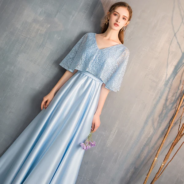 Chic / Beautiful Sky Blue Satin Bridesmaid Dresses 2019 A-Line / Princess V-Neck 1/2 Sleeves Sash Beading Floor-Length / Long Ruffle Wedding Party Dresses