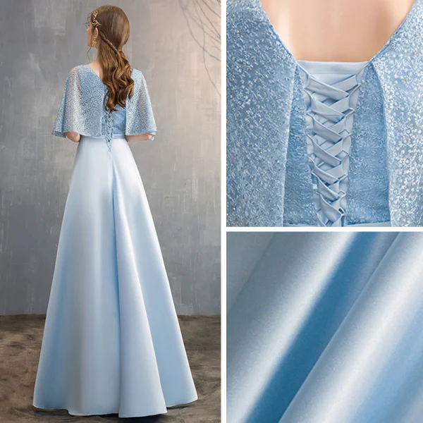 Chic / Beautiful Sky Blue Satin Bridesmaid Dresses 2019 A-Line / Princess V-Neck 1/2 Sleeves Sash Beading Floor-Length / Long Ruffle Wedding Party Dresses
