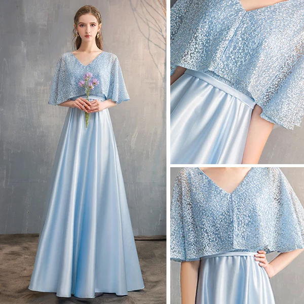 Chic / Beautiful Sky Blue Satin Bridesmaid Dresses 2019 A-Line / Princess V-Neck 1/2 Sleeves Sash Beading Floor-Length / Long Ruffle Wedding Party Dresses
