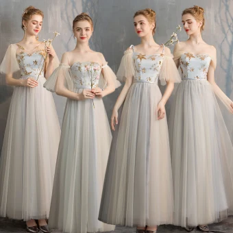 Elegant Champagne Grey Bridesmaid Dresses 2019 A Line Princess Star Sequins Floor Length Long Ruffle Backless Wedding Party Dresses