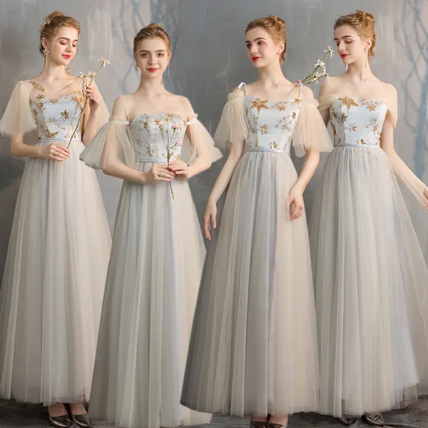 Elegantes Champán Gris Vestidos De Damas De Honor 2019 A-Line / Princess Estrella Lentejuelas Largos Ruffle Sin Espalda Vestidos para bodas