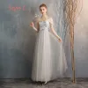 Elegant Champagne Grey Bridesmaid Dresses 2019 A-Line / Princess Star Sequins Floor-Length / Long Ruffle Backless Wedding Party Dresses