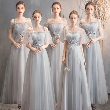 Abordable Gris Robe Demoiselle D Honneur 2019 Princesse Appliques En Dentelle Perle Longue Volants Dos Nu Robe Pour Mariage