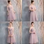 Affordable Blushing Pink Bridesmaid Dresses 2019 A-Line / Princess Appliques Lace Beading Tea-length Ruffle Backless Wedding Party Dresses