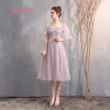 Affordable Blushing Pink Bridesmaid Dresses 2019 A-Line / Princess Appliques Lace Beading Tea-length Ruffle Backless Wedding Party Dresses