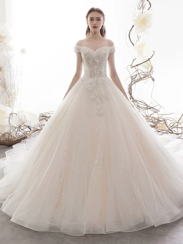 Luxury / Gorgeous Champagne Wedding Dresses 2019 A-Line / Princess Off-The-Shoulder Short Sleeve Backless Appliques Lace Beading Glitter Sequins Tulle Cathedral Train Ruffle