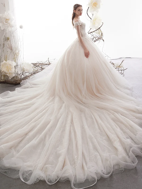 Luxury / Gorgeous Champagne Wedding Dresses 2019 A-Line / Princess Off-The-Shoulder Short Sleeve Backless Appliques Lace Beading Glitter Sequins Tulle Cathedral Train Ruffle