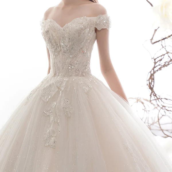 Luxury / Gorgeous Champagne Wedding Dresses 2019 A-Line / Princess Off-The-Shoulder Short Sleeve Backless Appliques Lace Beading Glitter Sequins Tulle Cathedral Train Ruffle