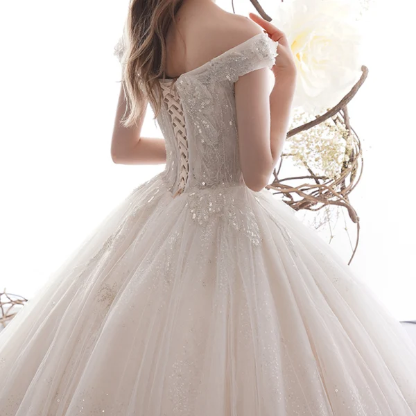 Luxury / Gorgeous Champagne Wedding Dresses 2019 A-Line / Princess Off-The-Shoulder Short Sleeve Backless Appliques Lace Beading Glitter Sequins Tulle Cathedral Train Ruffle