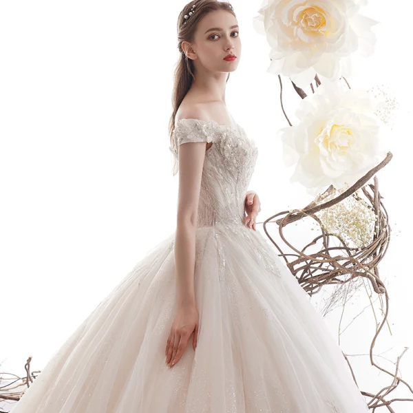 Luxury / Gorgeous Champagne Wedding Dresses 2019 A-Line / Princess Off-The-Shoulder Short Sleeve Backless Appliques Lace Beading Glitter Sequins Tulle Cathedral Train Ruffle