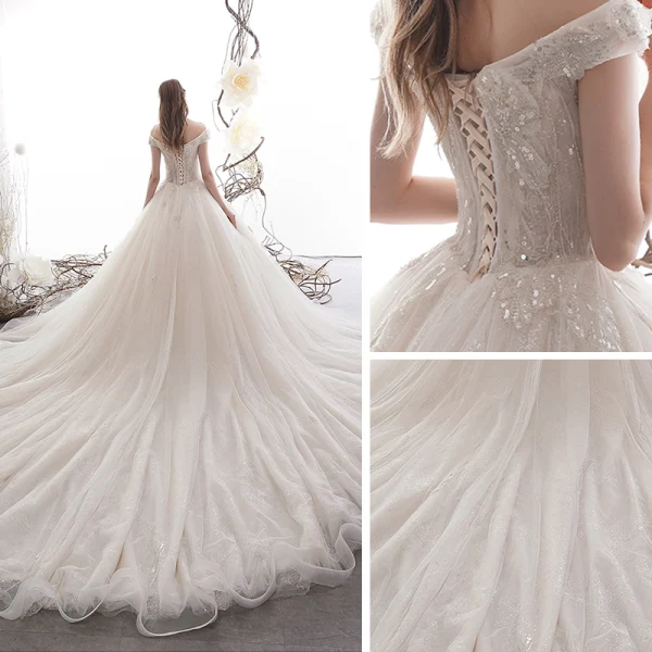 Luxury / Gorgeous Champagne Wedding Dresses 2019 A-Line / Princess Off-The-Shoulder Short Sleeve Backless Appliques Lace Beading Glitter Sequins Tulle Cathedral Train Ruffle