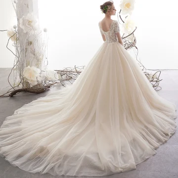 Luxe Champagne Robe De Mariée 2019 Princesse V Cou Manches Courtes Dos Nu Paillettes Perlage Glitter Tulle Chapel Train Volants