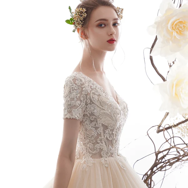 Luxury / Gorgeous Champagne Wedding Dresses 2019 A-Line / Princess V-Neck Short Sleeve Backless Sequins Beading Glitter Tulle Chapel Train Ruffle