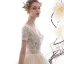 Luxury / Gorgeous Champagne Wedding Dresses 2019 A-Line / Princess V-Neck Short Sleeve Backless Sequins Beading Glitter Tulle Chapel Train Ruffle