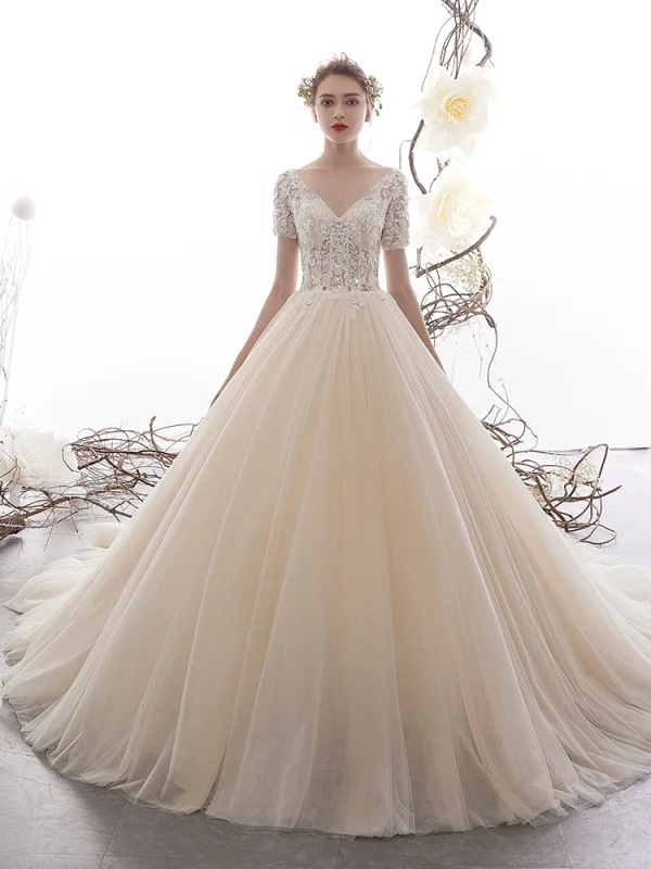 Luxury / Gorgeous Champagne Wedding Dresses 2019 A-Line / Princess V-Neck Short Sleeve Backless Sequins Beading Glitter Tulle Chapel Train Ruffle