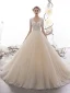 Luxury / Gorgeous Champagne Wedding Dresses 2019 A-Line / Princess V-Neck Short Sleeve Backless Sequins Beading Glitter Tulle Chapel Train Ruffle