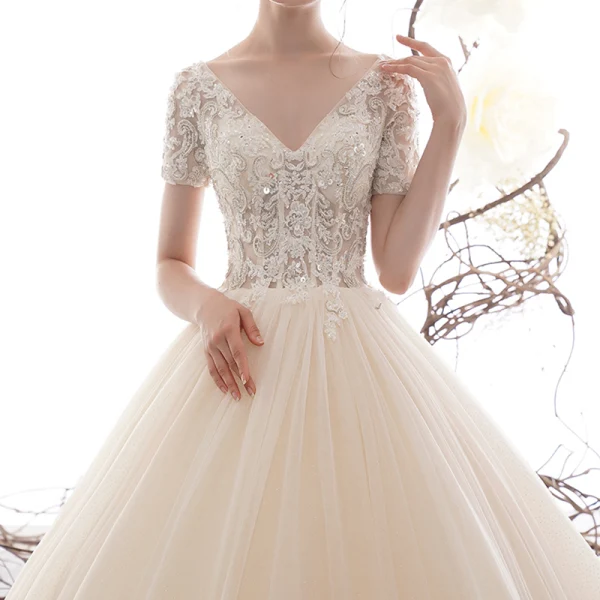 Luxury / Gorgeous Champagne Wedding Dresses 2019 A-Line / Princess V-Neck Short Sleeve Backless Sequins Beading Glitter Tulle Chapel Train Ruffle