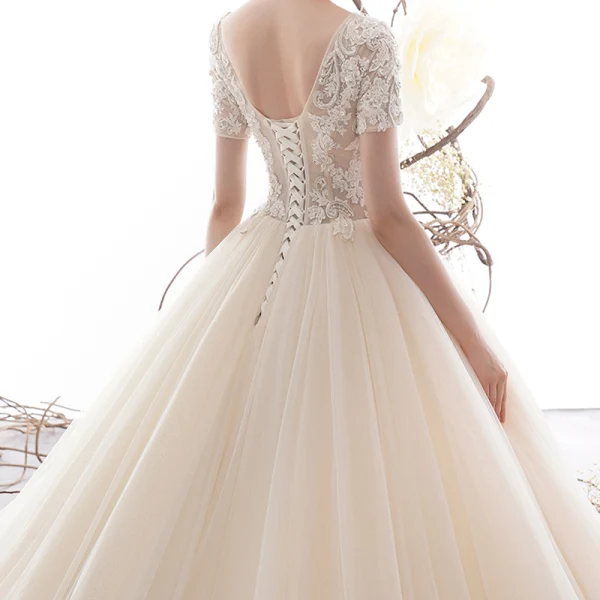 Luxury / Gorgeous Champagne Wedding Dresses 2019 A-Line / Princess V-Neck Short Sleeve Backless Sequins Beading Glitter Tulle Chapel Train Ruffle