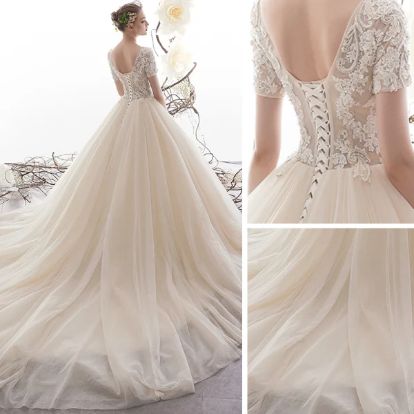 Luxury / Gorgeous Champagne Wedding Dresses 2019 A-Line / Princess V-Neck Short Sleeve Backless Sequins Beading Glitter Tulle Chapel Train Ruffle