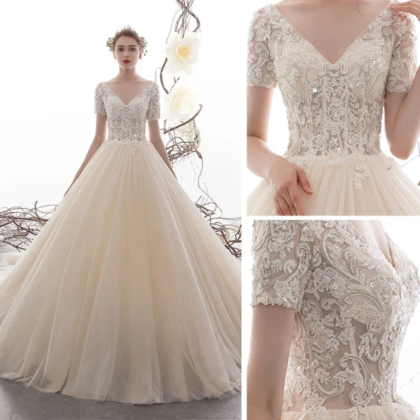 Luxury / Gorgeous Champagne Wedding Dresses 2019 A-Line / Princess V-Neck Short Sleeve Backless Sequins Beading Glitter Tulle Chapel Train Ruffle