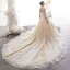 High-end Champagne See-through Wedding Dresses 2019 A-Line / Princess Scoop Neck 3/4 Sleeve Backless Beading Sequins Rhinestone Cathedral Train Ruffle