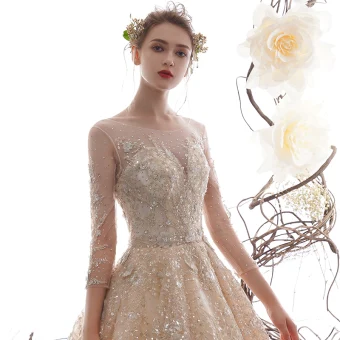 High End Champagne See Through Wedding Dresses 2019 A Line Princess Scoop Neck 3 4 Sleeve Backless Beading Sequins Rhinestone Cathedral Train Ruffle