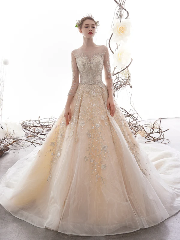 High-end Champagne See-through Wedding Dresses 2019 A-Line / Princess Scoop Neck 3/4 Sleeve Backless Beading Sequins Rhinestone Cathedral Train Ruffle