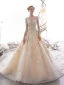 High-end Champagne See-through Wedding Dresses 2019 A-Line / Princess Scoop Neck 3/4 Sleeve Backless Beading Sequins Rhinestone Cathedral Train Ruffle