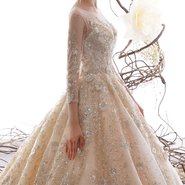 High-end Champagne See-through Wedding Dresses 2019 A-Line / Princess Scoop Neck 3/4 Sleeve Backless Beading Sequins Rhinestone Cathedral Train Ruffle