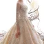 High-end Champagne See-through Wedding Dresses 2019 A-Line / Princess Scoop Neck 3/4 Sleeve Backless Beading Sequins Rhinestone Cathedral Train Ruffle