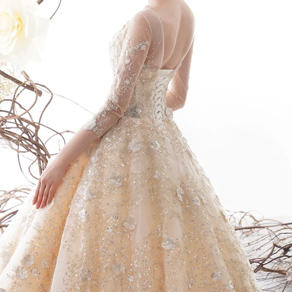 High-end Champagne See-through Wedding Dresses 2019 A-Line / Princess Scoop Neck 3/4 Sleeve Backless Beading Sequins Rhinestone Cathedral Train Ruffle
