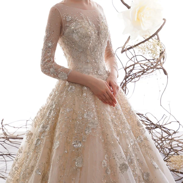 High-end Champagne See-through Wedding Dresses 2019 A-Line / Princess Scoop Neck 3/4 Sleeve Backless Beading Sequins Rhinestone Cathedral Train Ruffle