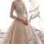 High-end Champagne See-through Wedding Dresses 2019 A-Line / Princess Scoop Neck 3/4 Sleeve Backless Beading Sequins Rhinestone Cathedral Train Ruffle