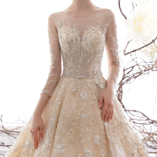 High-end Champagne See-through Wedding Dresses 2019 A-Line / Princess Scoop Neck 3/4 Sleeve Backless Beading Sequins Rhinestone Cathedral Train Ruffle