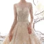 High-end Champagne See-through Wedding Dresses 2019 A-Line / Princess Scoop Neck 3/4 Sleeve Backless Beading Sequins Rhinestone Cathedral Train Ruffle