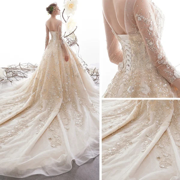 High-end Champagne See-through Wedding Dresses 2019 A-Line / Princess Scoop Neck 3/4 Sleeve Backless Beading Sequins Rhinestone Cathedral Train Ruffle