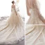 High-end Champagne See-through Wedding Dresses 2019 A-Line / Princess Scoop Neck 3/4 Sleeve Backless Beading Sequins Rhinestone Cathedral Train Ruffle
