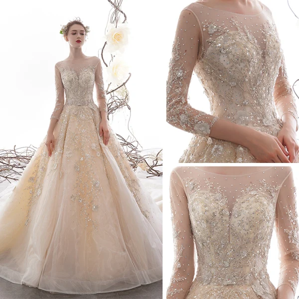 High-end Champagne See-through Wedding Dresses 2019 A-Line / Princess Scoop Neck 3/4 Sleeve Backless Beading Sequins Rhinestone Cathedral Train Ruffle