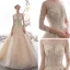 High-end Champagne See-through Wedding Dresses 2019 A-Line / Princess Scoop Neck 3/4 Sleeve Backless Beading Sequins Rhinestone Cathedral Train Ruffle