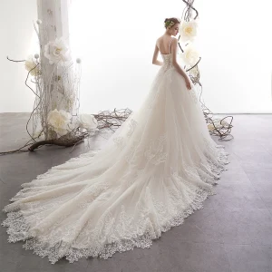 Best Champagne Wedding Dresses 2019 A Line Princess Spaghetti Straps Sleeveless Backless Appliques Lace Handmade Beading Cathedral Train Ruffle