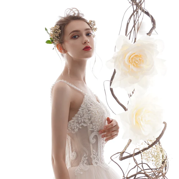 Best Champagne Wedding Dresses 2019 A-Line / Princess Spaghetti Straps Sleeveless Backless Appliques Lace Handmade Beading Cathedral Train Ruffle