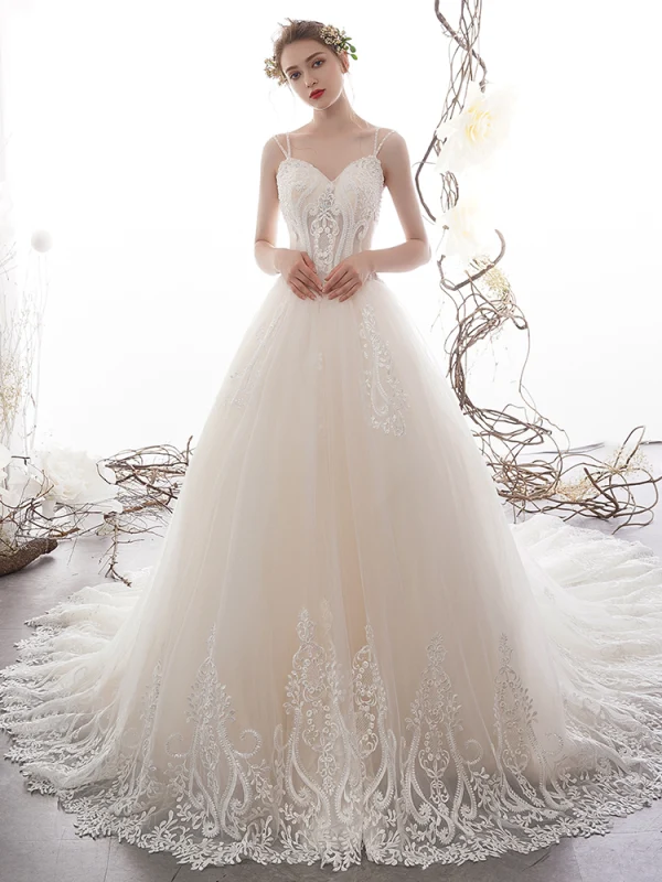 Best Champagne Wedding Dresses 2019 A-Line / Princess Spaghetti Straps Sleeveless Backless Appliques Lace Handmade Beading Cathedral Train Ruffle