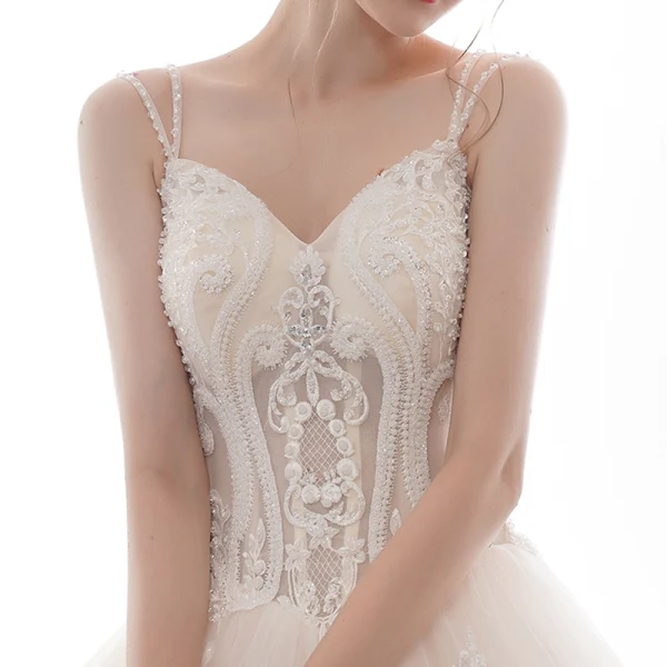 Best Champagne Wedding Dresses 2019 A-Line / Princess Spaghetti Straps Sleeveless Backless Appliques Lace Handmade Beading Cathedral Train Ruffle