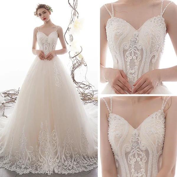 Best Champagne Wedding Dresses 2019 A-Line / Princess Spaghetti Straps Sleeveless Backless Appliques Lace Handmade Beading Cathedral Train Ruffle
