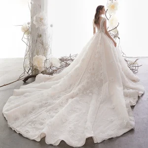 Haut De Gamme Champagne Robe De Mariée 2019 Princesse V Cou Sans Manches Dos Nu Appliques En Dentelle Perlage Glitter Tulle Chapel Train Volants