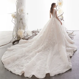 Haut De Gamme Champagne Robe De Mariée 2019 Princesse V Cou Sans Manches Dos Nu Appliques En Dentelle Perlage Glitter Tulle Chapel Train Volants