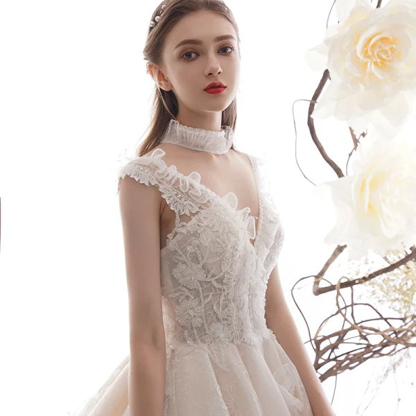 High-end Champagne Wedding Dresses 2019 A-Line / Princess V-Neck Sleeveless Backless Appliques Lace Beading Glitter Tulle Chapel Train Ruffle